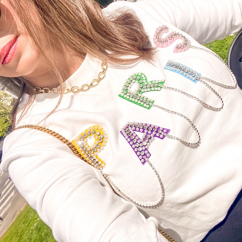 Endless Rose White Crewneck Sweater with Multicolor Jeweled Letters